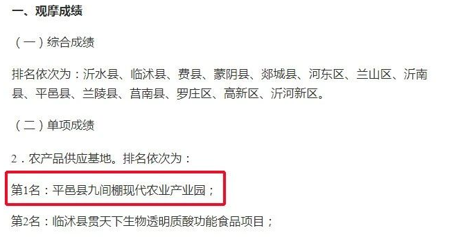 平邑縣九間棚現代農業產業園在全市位列農產品供應基地第一名,被評為全市“十佳鄉村振興項目”